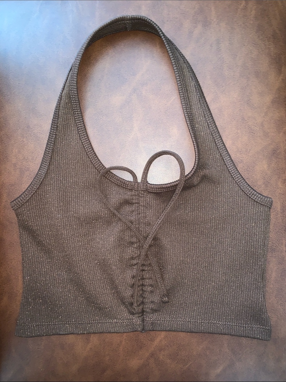 Brown Ribbed Halter Crop Top with Front Drawstring